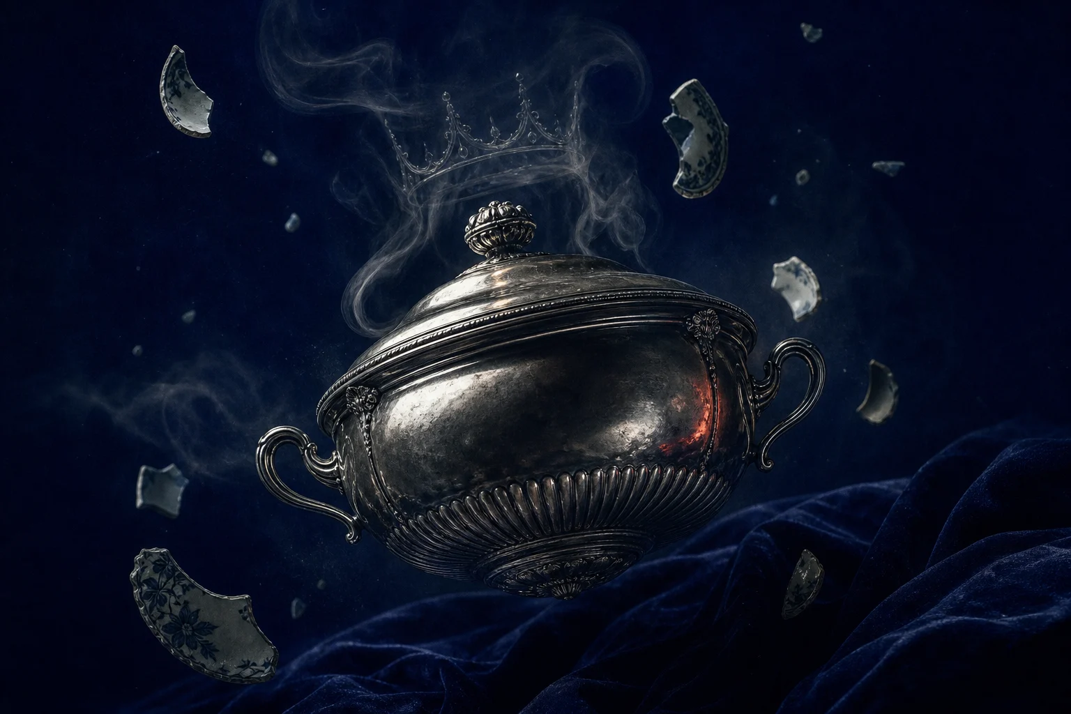 Soupière ancienne flottant dans un décor bleu nuit